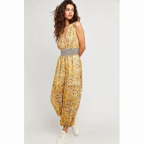 Free People Maria Soft Yellow Floral Jumpsuit size XS - Picture 2 of 11